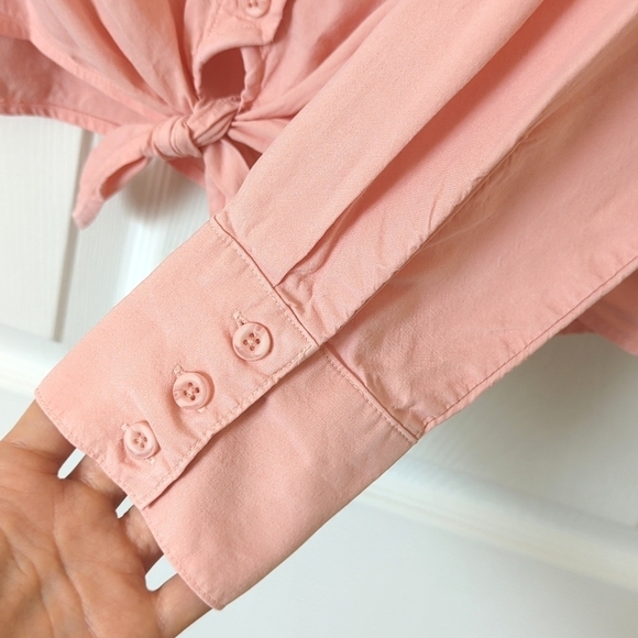 Cloth & Stone Classic Tencel Long Sleeve Button Down Tie Front Top Salmon Pink S - Picture 9 of 11